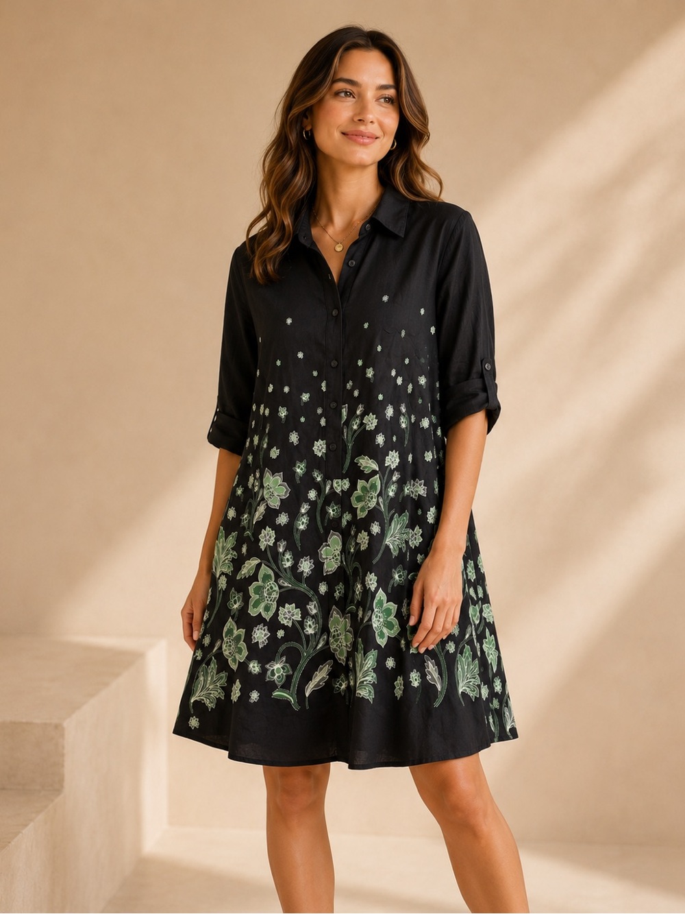 Hobbs London Black Green Floral Border Print Shirt Dress Size 16